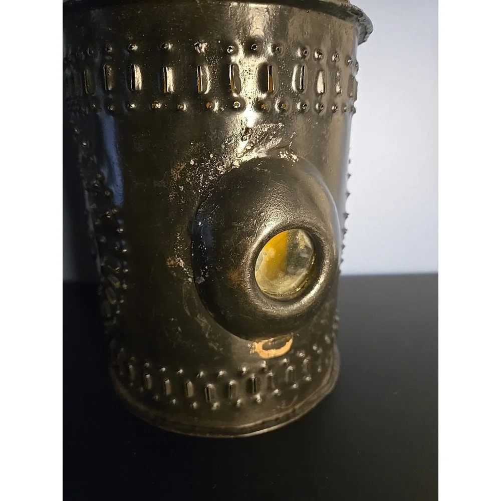 Punched Tin Candle Lantern‎ Side Smoke Stack Double Glass Lenses Bullseye
